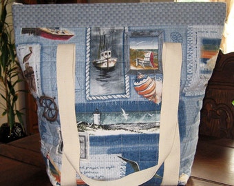 Large Blue Nautical Sailor Travel Tote / Beach Bag with zipper and Canvas straps