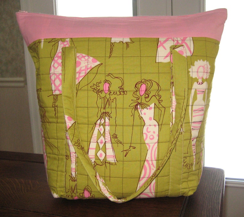 Fashionista Large Chartreuse /& Pink Travel Tote with zipper