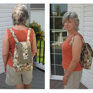 May include: A fabric backpack with a flap closure and adjustable straps. The backpack features a beige, brown, and green pattern with various images. The flap and back panel are a solid olive green color.