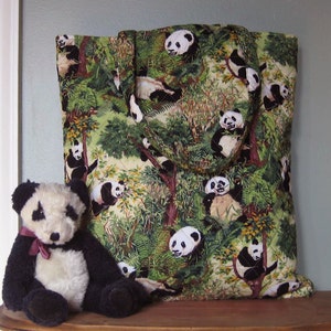 Adorable Green Quilted Panda Bear in Trees Tote Bag