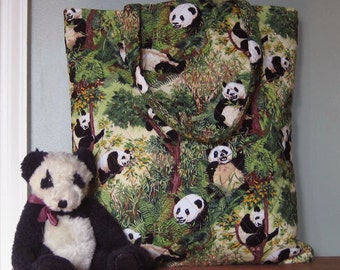 Adorable Green Quilted Panda Bear in Trees Tote Bag
