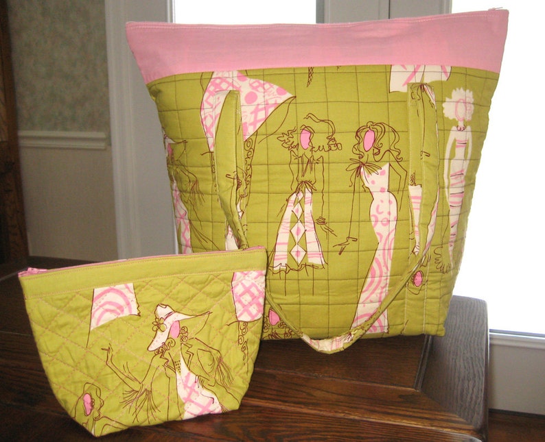 Fashionista Large Chartreuse /& Pink Travel Tote with zipper