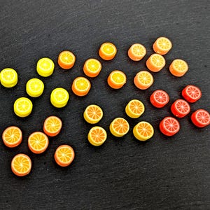 Könnte beinhalten: Eine Ansammlung von Miniatur-Fruchtscheiben, darunter Zitronen, Orangen und rote Grapefruits, angeordnet auf einer dunklen Oberfläche. Die Scheiben sind hell gefärbt und detailliert, mit sichtbaren Segmenten und Texturen.