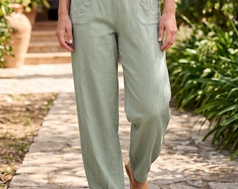 Comodi pantaloni da donna, 100% lino, verde pistacchio, elastico in vita, taglie M-5XL / 40-54