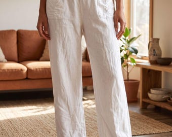 Pantaloni estivi da donna bianchi, 100% lino, con elastico in vita, taglie 40-54