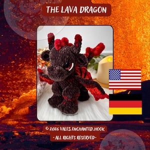 May include: A plush crochet dragon toy named Blaze the Lava Dragon, featuring dark brown yarn for the body and vibrant red accents on the wings, tail, and head crest. The dragon has large, dark eyes with white highlights and a textured, soft appearance.