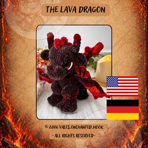 May include: A plush crochet dragon toy named Blaze the Lava Dragon, featuring dark brown yarn for the body and vibrant red accents on the wings, tail, and head crest. The creature has large, dark eyes with white highlights and a soft, textured finish.