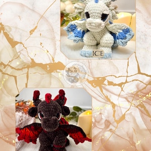 May include: Two crocheted dragon plushies. The top dragon is white with blue accents and labeled ICE. The bottom dragon is dark brown with red accents and labeled FIRE. Both have large dark eyes, horns, and wings. Text at bottom: 2026 vales.enchanted.hook -ALL RIGHTS RESERVED-.