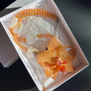 Real orange Orchid necklace, Flower Pendant, Romantic Gift for Her, Orchid lover gift. Unique necklace with preserved natural orchid resin.