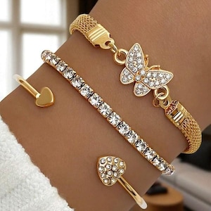 3pcs Bracelet Set  Luxury Rhinestone Butterfly & Heart Bangles for Women, Minimalist Layered Jewelry, Valentine’s Day Gift