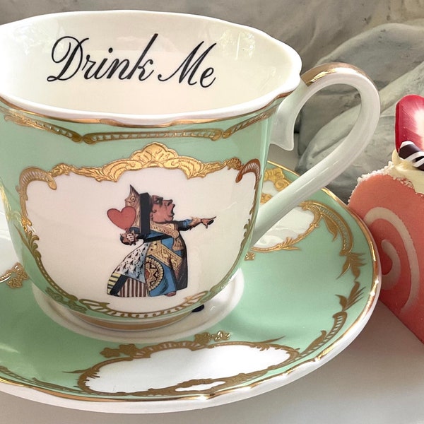 Alice in Wonderland Teacup and Saucer Set, 8 Ounces. Green, Blue or Pink for Your Mad Hatter Tea Party!