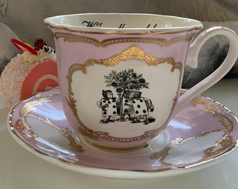 Pink, Blue or Green Alice in Wonderland Teacup & Saucer Set, 8 OZ, Durable and Food Safe. After the Beautiful Illustrations by John Tenniel
