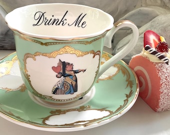 Alice in Wonderland Teacup and Saucer Set, 8 Ounces. Green, Blue or Pink for Your Mad Hatter Tea Party!