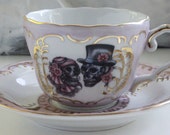 Pink or Green and Gold Sugar Skull Couple Teacup Saucer Set, Sugar Skull Bride and Groom Tea Cup, Sugar Skull Wedding Teacup