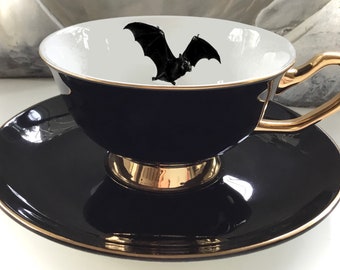 Beautiful Black Bat Teacup, 8 Ounces, Food- and Dishwasher Safe. Halloween Teacup, Bat Teacup, Bat Tea Set