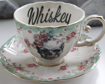 FREE SHIPPING-Whiskey Teacup and Saucer Set, 8 Ounces. Food-and Dishwasher Safe.