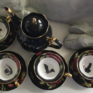 Gorgeous Black and Gold Tea Set with Black Rose Design, Bat, Cat, Crow and Eye Design, Halloween Tea Set, Porcelain. Food Safe & Durable.