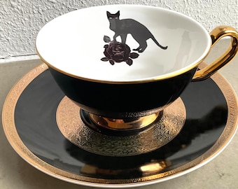 Black and Gold Porcelain Moth, Raven, Bat, or Cat Cup and Saucer Set (8 oz), Porcelain.