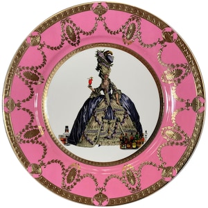 FREE SHIPPING-Pink & Gold &quot;Drunken Marie Antoinette&quot; Plate or Cup and Saucer Set, Raised Gold and Pink