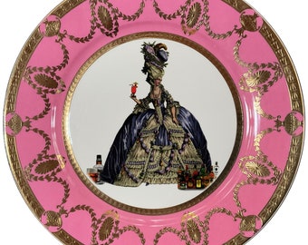 FREE SHIPPING-Pink & Gold "Drunken Marie Antoinette" Plate or Cup and Saucer Set, Raised Gold and Pink