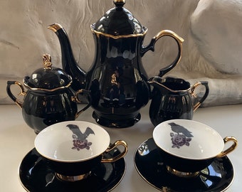 LARGER TEAPOT - Bat and/or Crow with Purple Rose Halloween Tea Set, Porcelain. Food Safe & Durable.