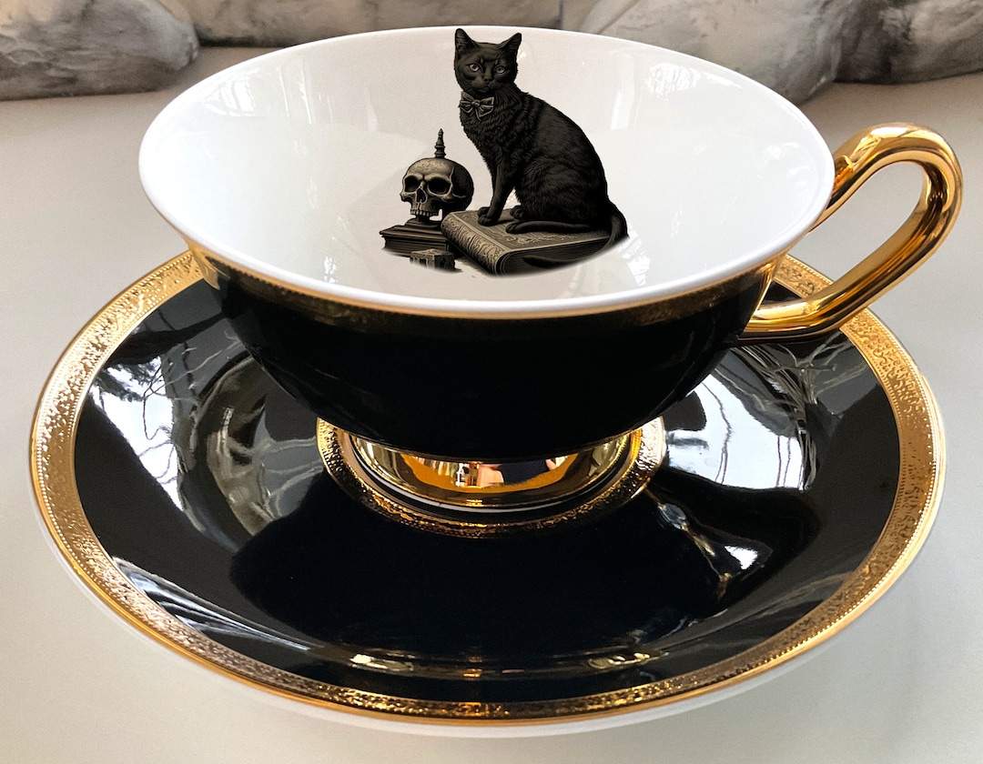 Black and Gold Porcelain Cat Teacup and Saucer Set 8 Oz, Porcelain