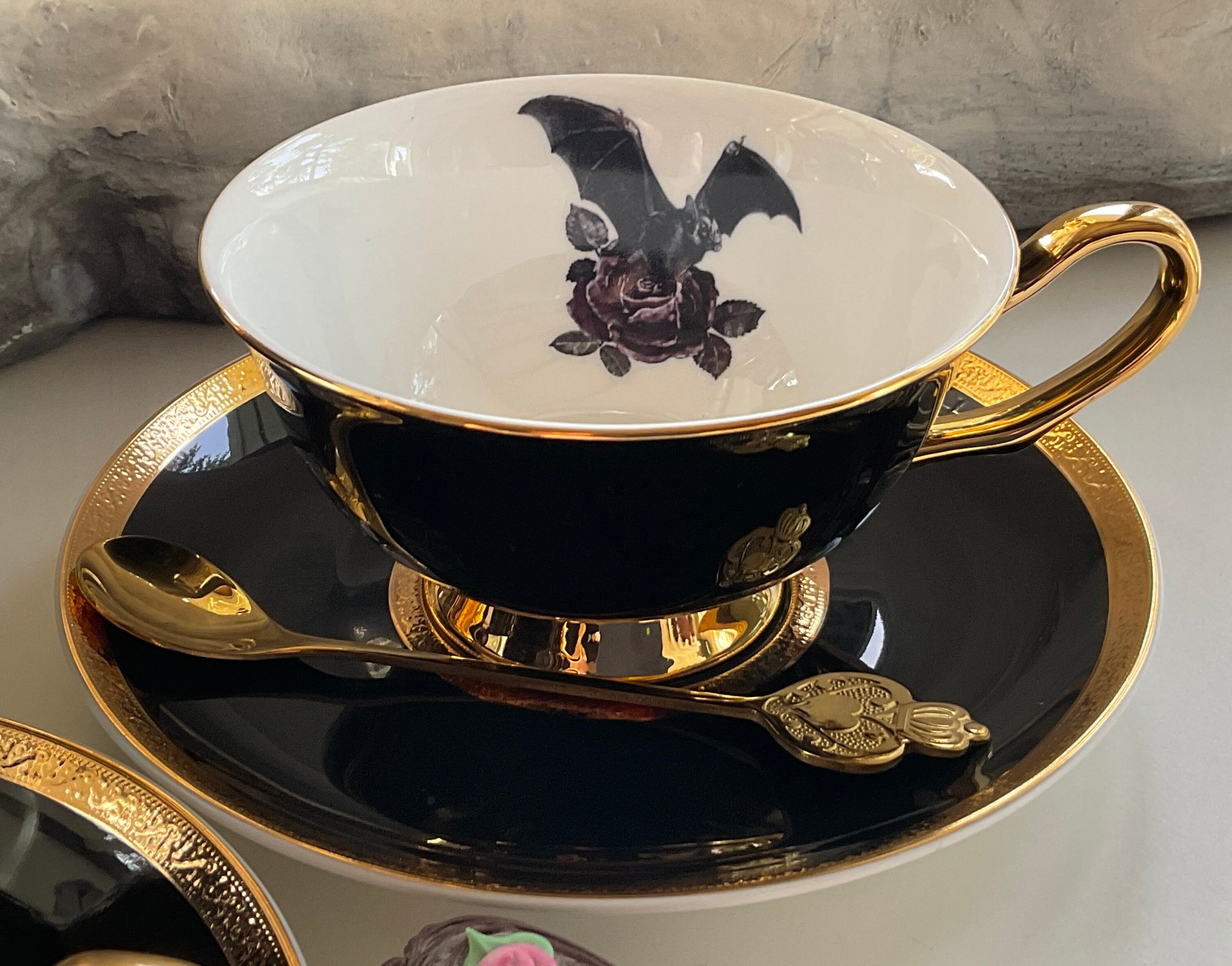 Black Bat Teacup and Saucer Set With Spoon Purple Rose - Etsy