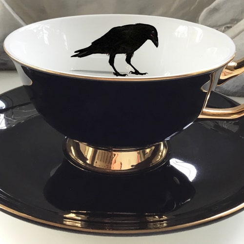 Beautiful Black Crow Teacup, 8 Ounces, Food- and Dishwasher Safe. Halloween Teacup, Raven Teacup, Raven Tea Set