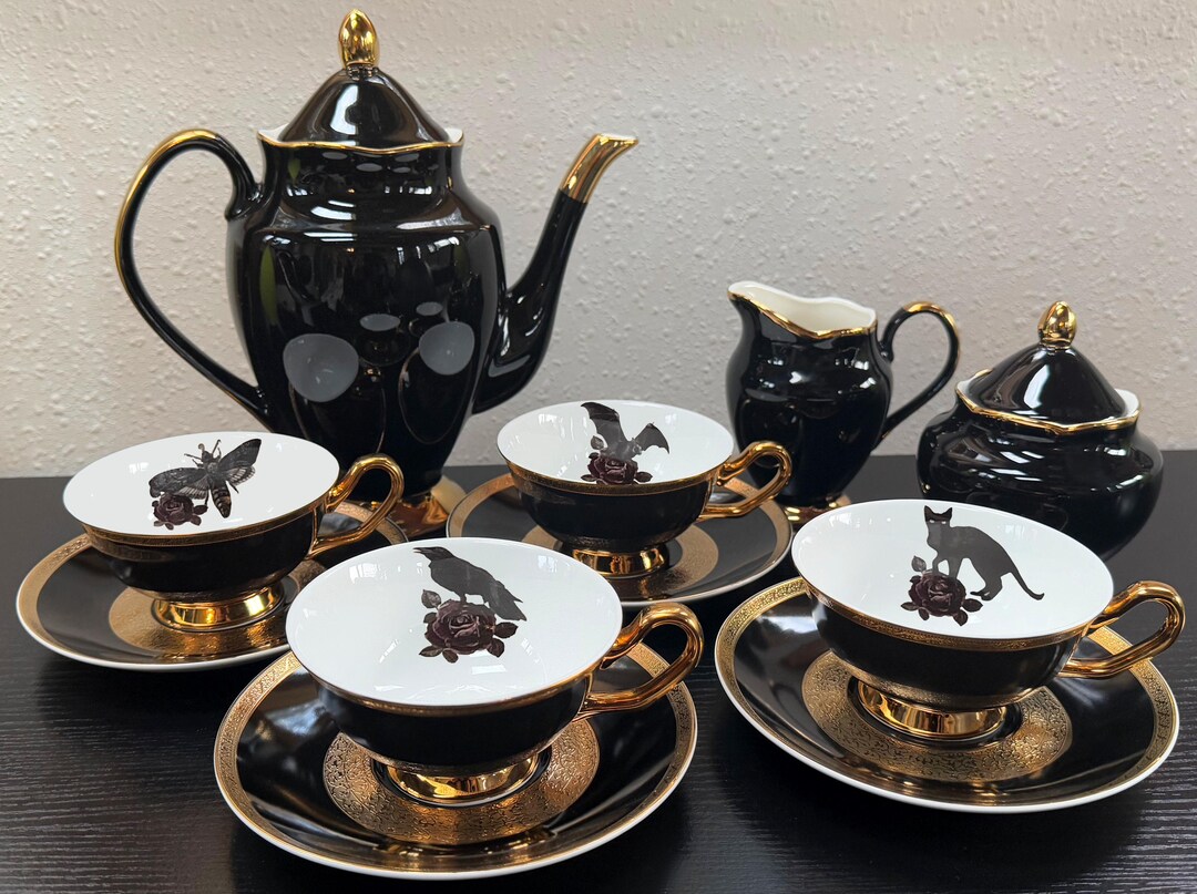 NEW SAUCER PATTERN! Black and Gold Tea Set, Purple Rose Design, Bat ...