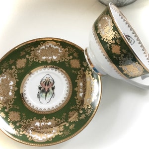 FREE SHIPPING-Amazing Green and Gold Encrusted Beetle Teacup and Saucer Set, 8 Ounces. Foodsafe, Durable.
