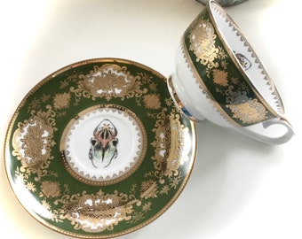 FREE SHIPPING-Amazing Green and Gold Encrusted Beetle Teacup and Saucer Set, 8 Ounces. Foodsafe, Durable.