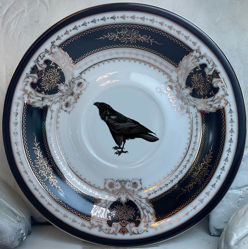 Beautiful Black Crow Teacup and Saucer Set, 8 Ounces, Food Safe and Durable, Porcelain. image 3