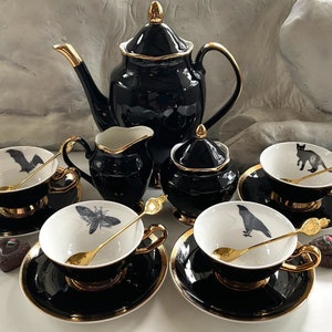Gorgeous Black and Gold Tea Set, Bat, Cat, Crow and Moth Design, Halloween Tea Set, Porcelain. Food Safe & Durable.