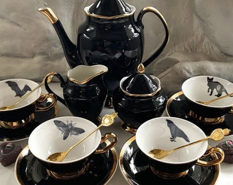 Gorgeous Black and Gold Tea Set, Bat, Cat, Crow and Moth Design, Halloween Tea Set, Porcelain. Food Safe & Durable.