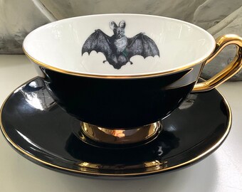 Beautiful Black Bat Teacup, 8 Ounces, Food- and Dishwasher Safe, Porcelain. Halloween Teacup, Bat Teacup, Bat Tea Set