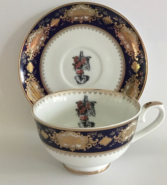 Raised Blue /& Gold Floral Rib Cage Plate Available Without Flowers or Teacup Set FREE SHIPPING Foodsafe Dishwasher Safe