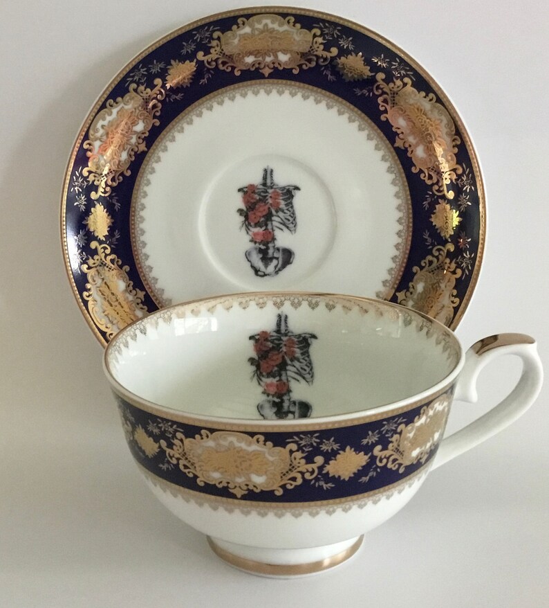 Raised Blue /& Gold Floral Rib Cage Plate Available Without Flowers or Teacup Set FREE SHIPPING Foodsafe Dishwasher Safe