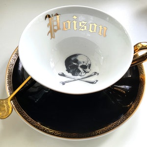 Beautiful Black and 22k Gold Arsenic Poison Teacup and Saucer Set with Spoon, Porcelain. Food Safe and Durable.