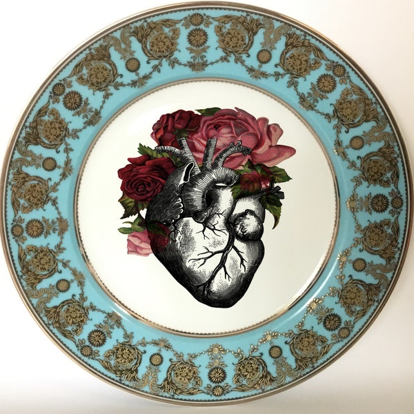 Gorgeous Aqua/Raised Gold Anatomical Heart Plate (Dinner or Salad size) or Cup and Saucer Set (8 ounces)