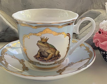 Frogs! Beautiful Frog King Tea Set, 11 Pieces. Vegan Bone China, Durable and Food Safe