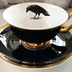 Black and Gold Porcelain Raven/Crow, Bat, Cat, or Moth Teacup and Saucer Set (8 oz), Porcelain. Food Safe and Durable