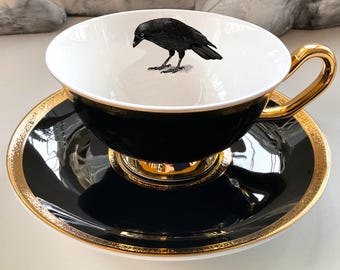 Black and Gold Porcelain Raven/Crow, Bat, Cat, or Moth Teacup and Saucer Set (8 oz), Porcelain. Food Safe and Durable