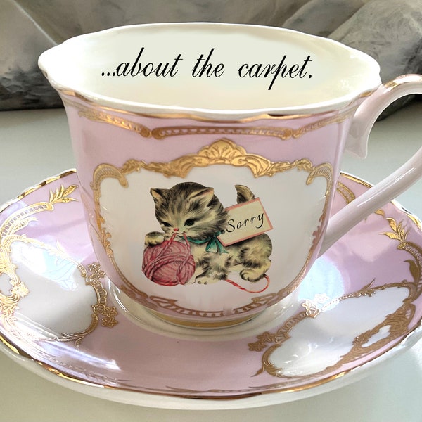 Green, Blue or Pink Porcelain Funny Cat Teacup and Saucer Set, 8 Ounces. Durable and Foodsafe.