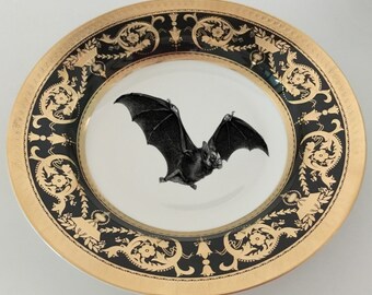 FREE SHIPPING-Stunning Black Bat Plate or Cup and Saucer Set, 8oz. Raised Gold, Food-/Dishwasher Safe Bat Plate, Halloween Plate