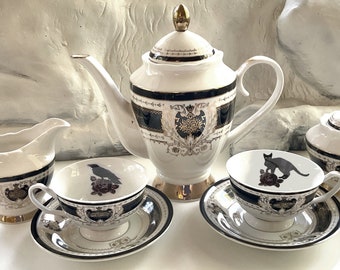 INTRODUCTORY SALE - Four cups, Teapot, Creamer, Sugar, 22k gold Gothic Tea Set