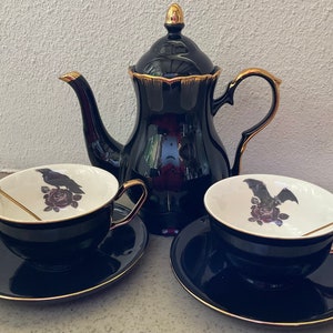 NEW JUMBO SIZE ! Teapot (40 oz) and Two Large Capacity Raven & Bat Cup and Saucer Sets (14 oz). Food Safe, Porcelain.