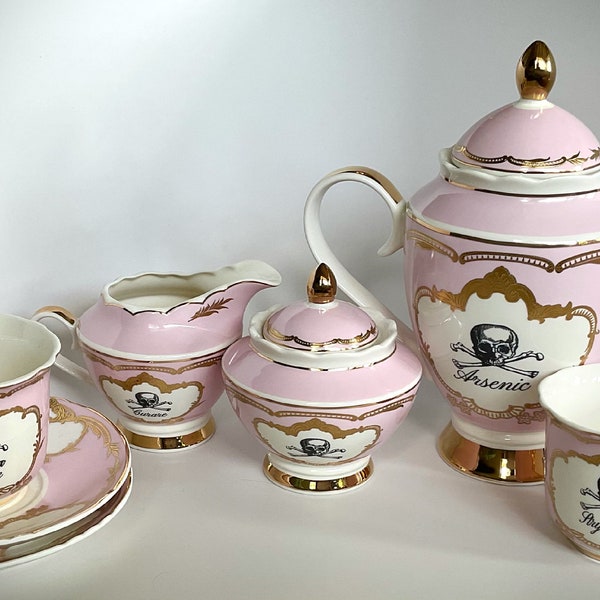 Gorgeous 7- or 11-Piece Skull and Crossbone Tea Set, Vegan Bone China. Available in Pink, Blue or Green.