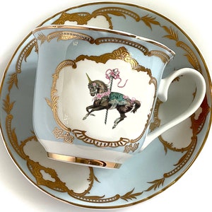 Green or Pink & Gold Unicorn Tea Set, Vegan Bone China. Food Safe and Durable. Blue