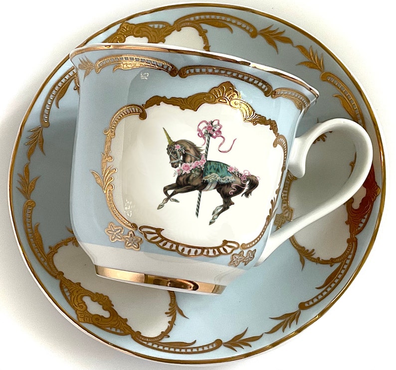 Green or Pink & Gold Unicorn Tea Set, Vegan Bone China. Food Safe and Durable. Blue