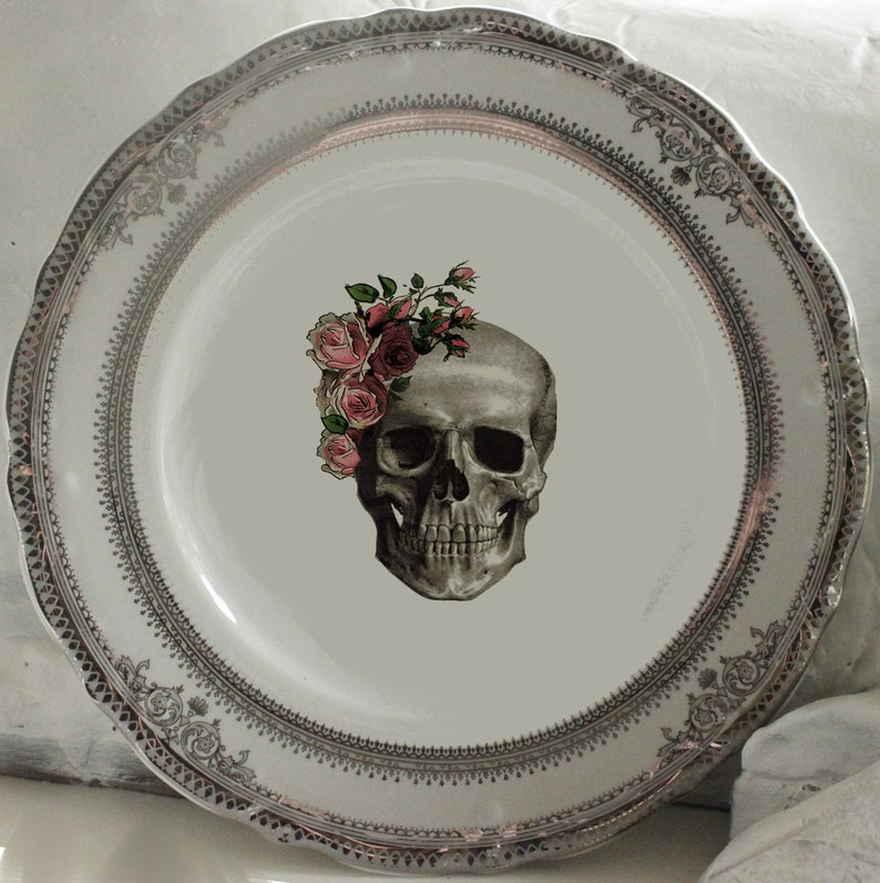 Silver Rose Skull Wedding Plates Skull Dishes Skeleton Etsy